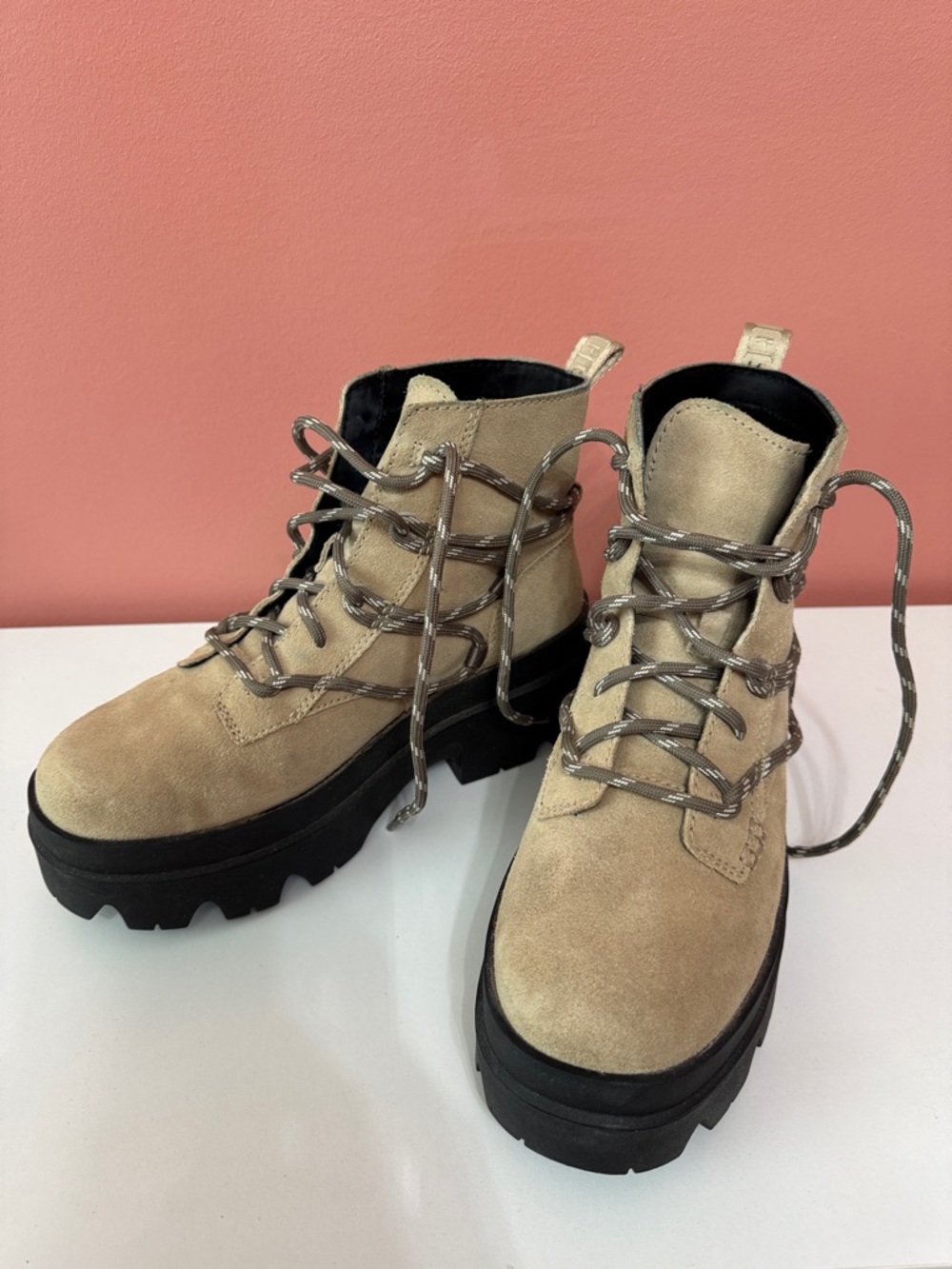 UGG Brisbane Beige Suede Lace-Up Lug Sole Boots